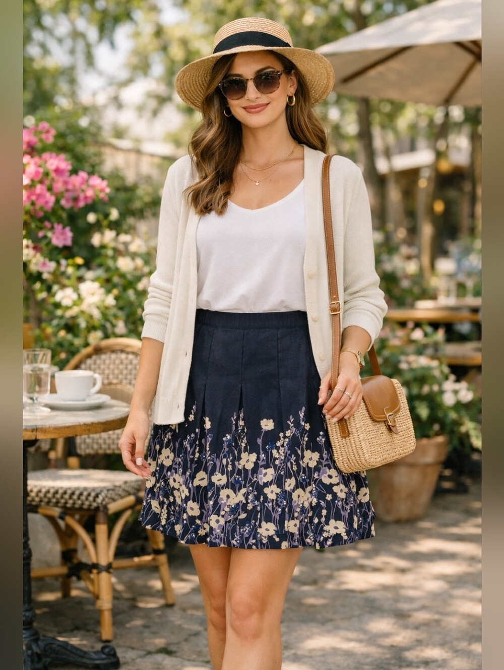Coldwater Creek Navy& Cream Pleated Lined Front Floral Cotton Skirt Size 10 EUC
